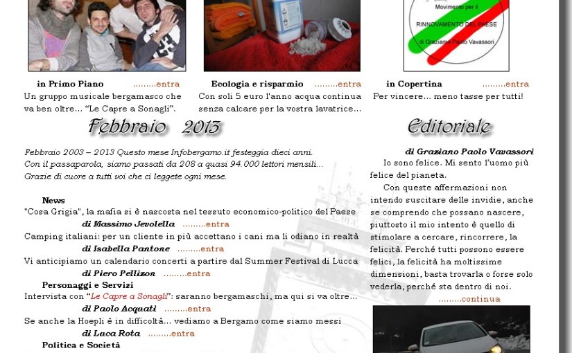 E’ on line il numero 105 – Febbraio 2013 – di&nbsp;InfoBergamo!