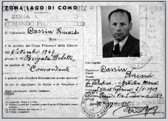 La tessera dei "Volontari della Libertà" di Cassin.